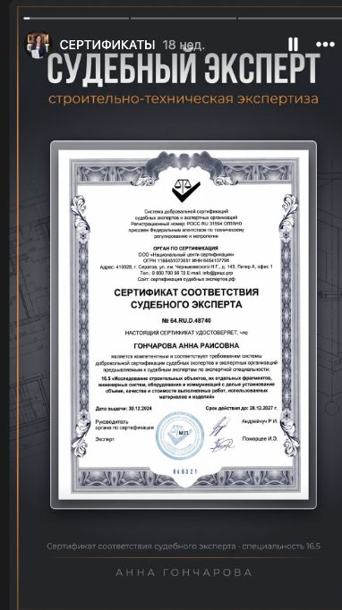 Опубликованный сертификат соответствия судебного эксперта на имя Анны